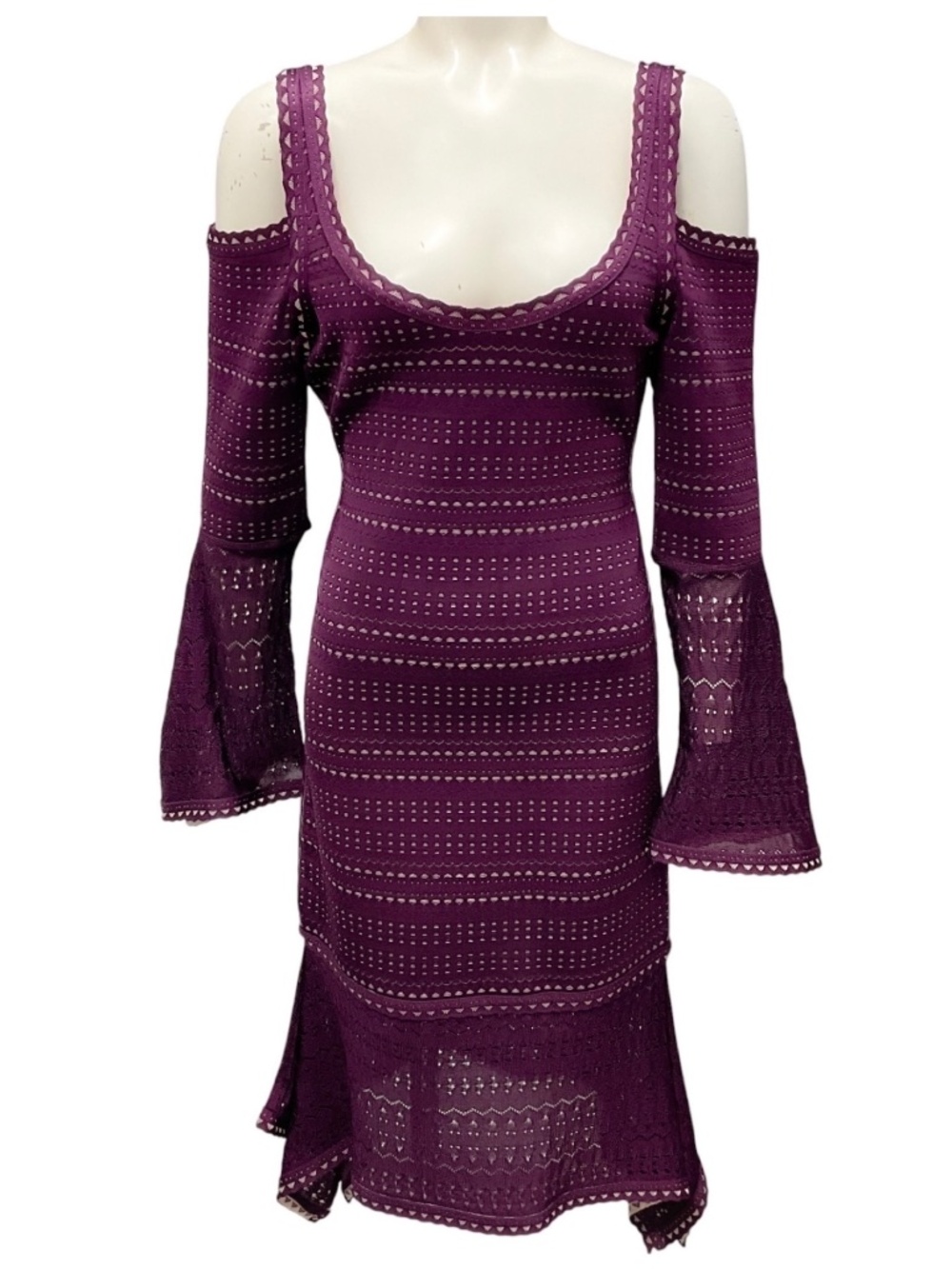 HERVE LEGER BORDEAUX COMBO KAMRYN COLD SHOULDER STRETCH POINTELLE KNIT COCKTAIL